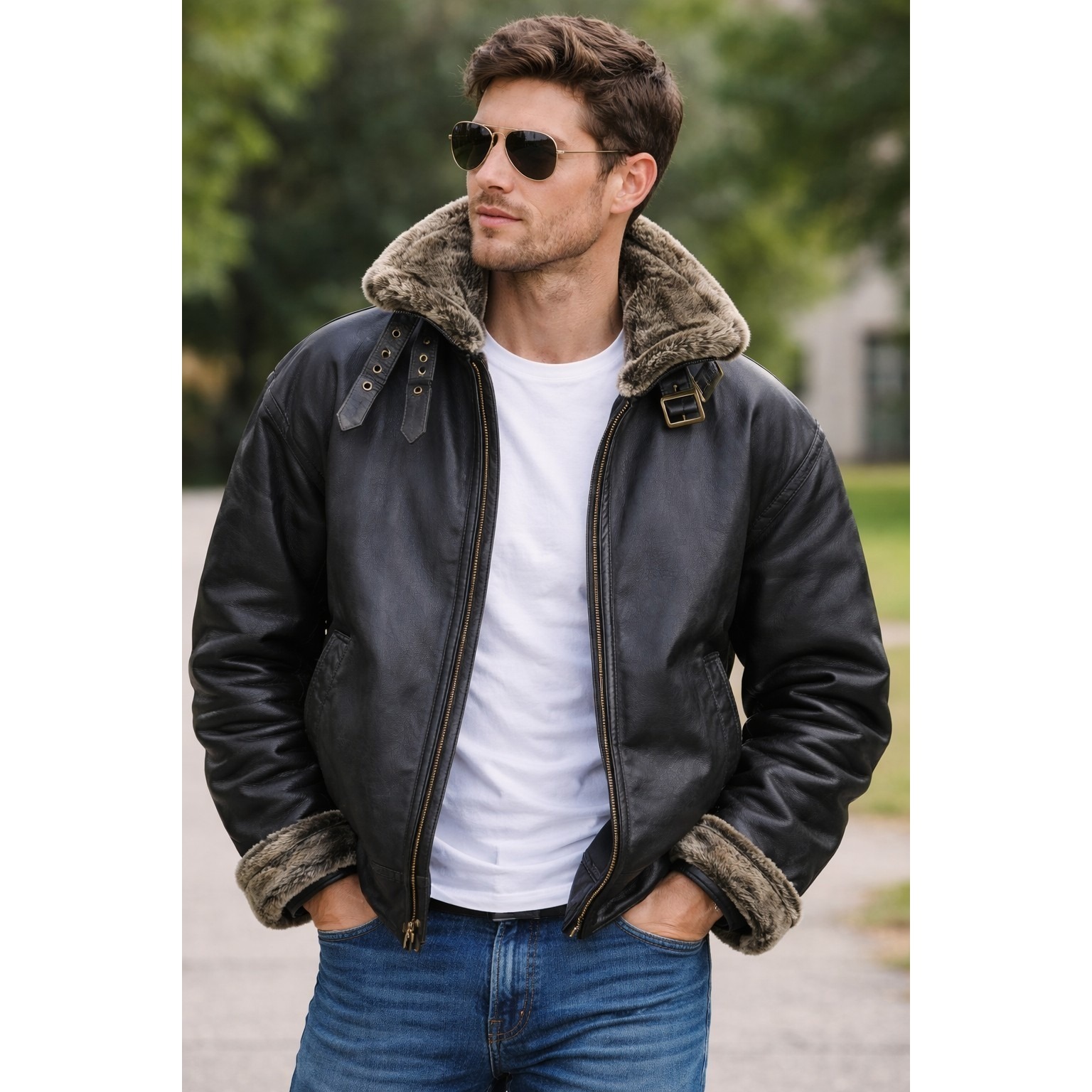 American Leather Bomber Jacket Men's L Black Aviator Shearling Heavy Faux Fur